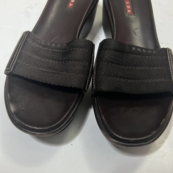 PRADA LOGO BROWN PLATFORM SLIDE SANDALS SIZE 37 - Picture 5 of 7